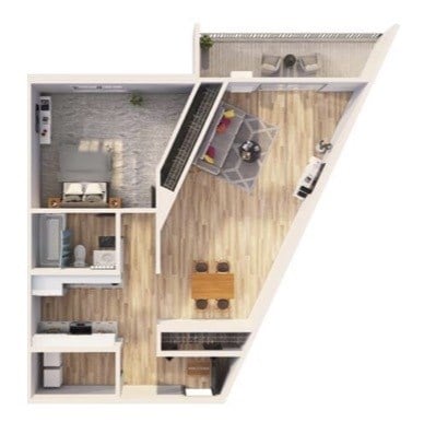 Floor plan for 1 bed, 1 bath, 734 sqft